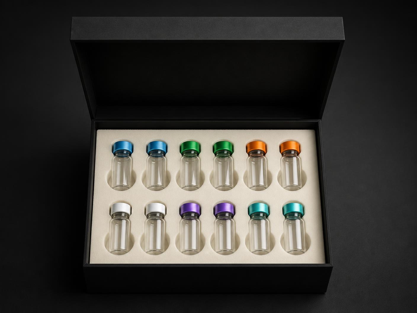 Open VialDirect presentation box with colour-capped vials in an ivory insert