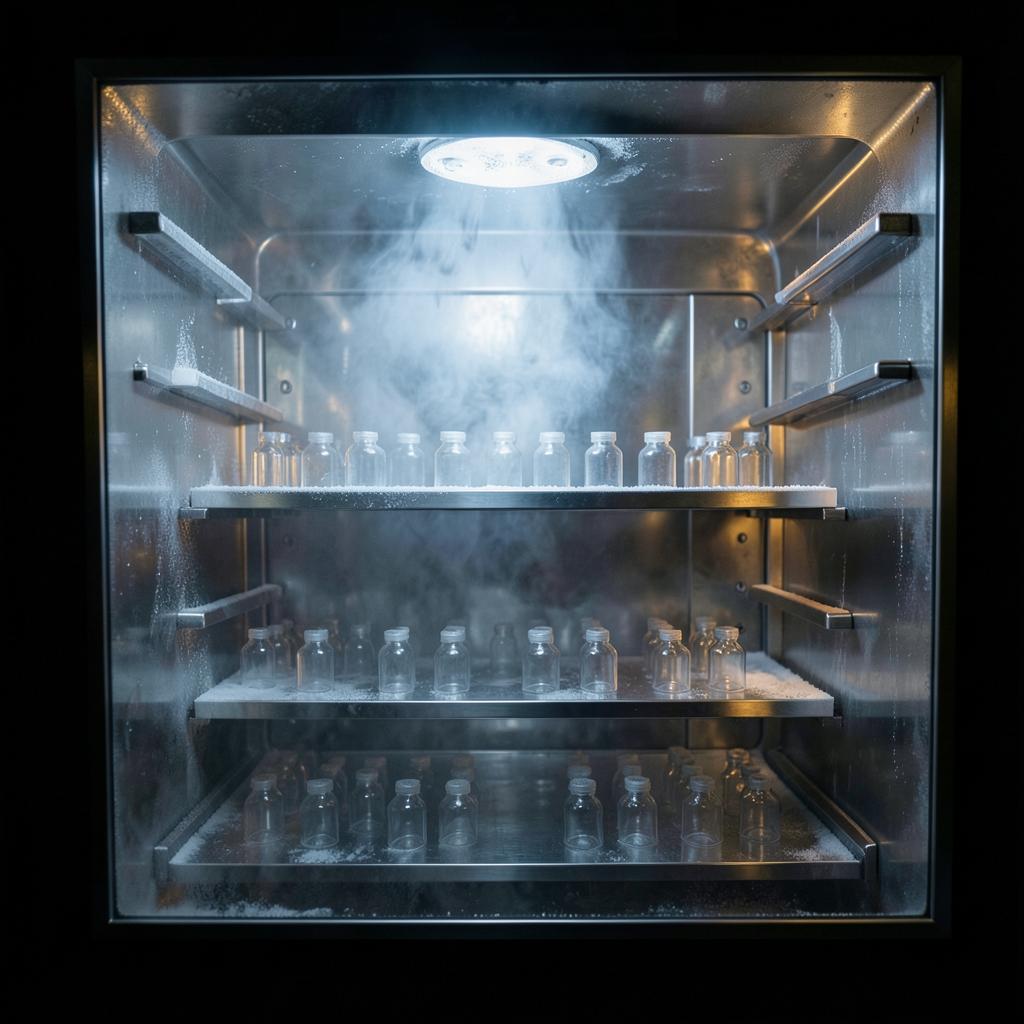 Freeze-dried vials on a tray — representative image