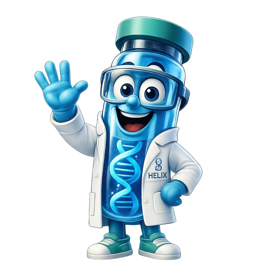 Mr Helix, the Helix Group Testing mascot, waving