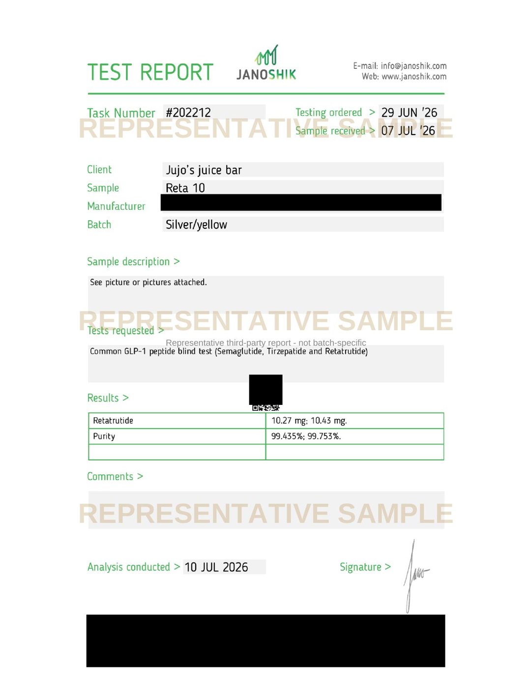 Janoshik Analytical test report, published as a representative sample