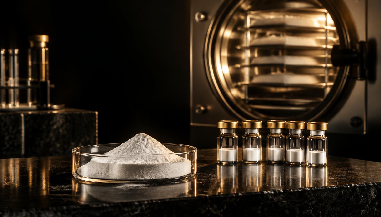 Peptide powder, a freeze-dryer and sealed vials